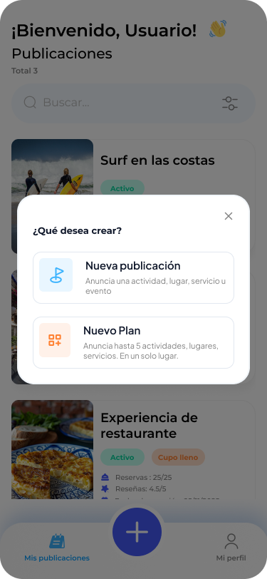 Modal de creación de publicaciones y planes en ITour