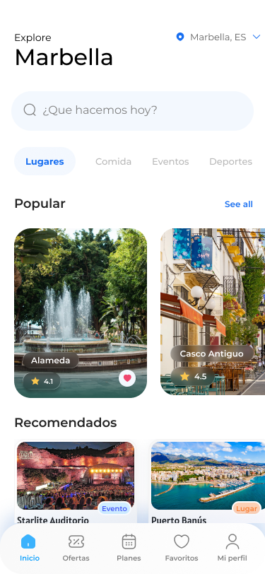 Pantalla de inicio de ITour explorando Marbella: buscador, lugares populares y recomendados