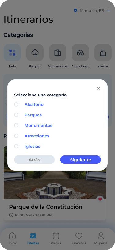 Creación de itinerario en ITour seleccionando categoría