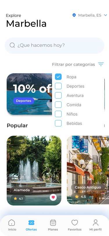 Pantalla de ofertas de ITour con buscador y filtro por categorías