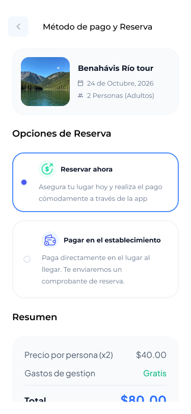 Pantalla de método de pago y reserva en ITour con opciones de pago en la app o en el establecimiento