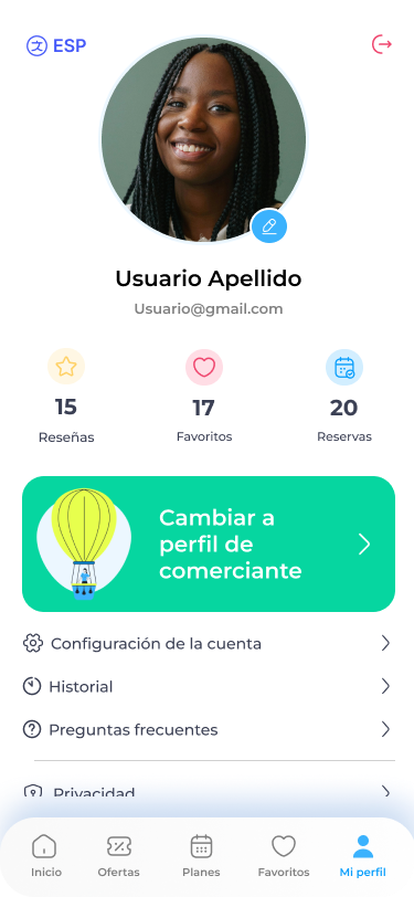 Perfil de turista en ITour con el botón para cambiar a perfil de comerciante